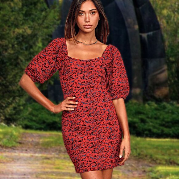 Free People Sunset Bodycon Mini Dress Knit Puff Sleeve Pull-On Square Neck XS - Picture 3 of 11